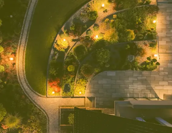 Prairie Village outdoor living area with lighting